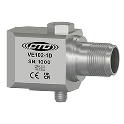 A stainless steel, standard size, side exit VE102 piezo velocity vibration sensor, engraved with the CTC Line logo, part number, serial number, and CE and UKCA certification markings.